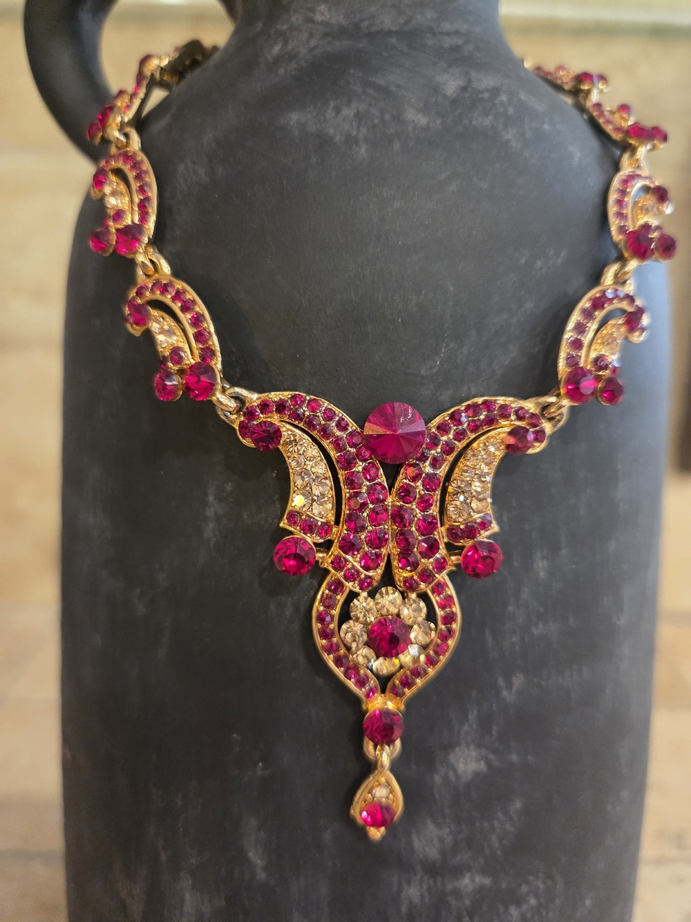 Gold-Tone Red Crystal Statement Necklace